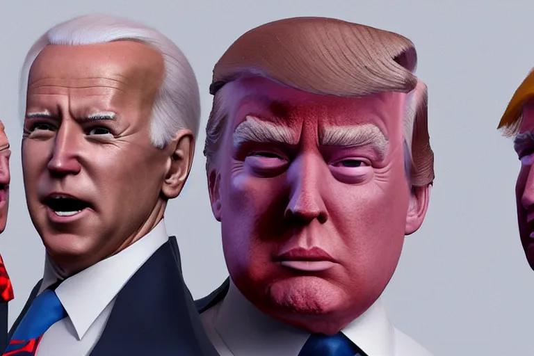 Prompt: crazy glitchy buggy stylish strange low poly render of 3 d handsome soulless lifeless psychopathic joe biden and donald trump, portrait featured on artstation, cgsociety, unreal engine, volumetric lighting, rtx on, vibrant, grainy, vhs footage still, intricately detailed, award - winning, atmospheric, ambient, symbolic, artistic