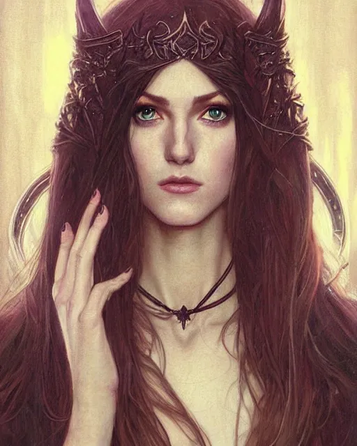 Image similar to portrait of katherine mcnamara elven mage, dark, piercing eyes, gentle expression, elegant clothing, photorealistic, highly detailed, artstation, smooth, sharp focus, art by michael whelan, artgerm, greg rutkowski and alphonse mucha