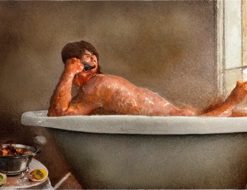 Image similar to jerma 9 8 5 cooking mince meat in a bath tub, back view, cottage core, cinematic focus, polaroid photo bleached vintage pastel colors high - key lighting, soft lights, foggy, by steve hanks, by lisa yuskavage, by serov valentin, by tarkovsky, 8 k render, detailed, oil on canvas