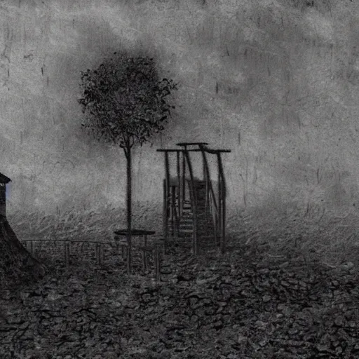 Prompt: an abandon playground with a tall dark ominous figure standing infront of it, liminal, dark, highly detailed,