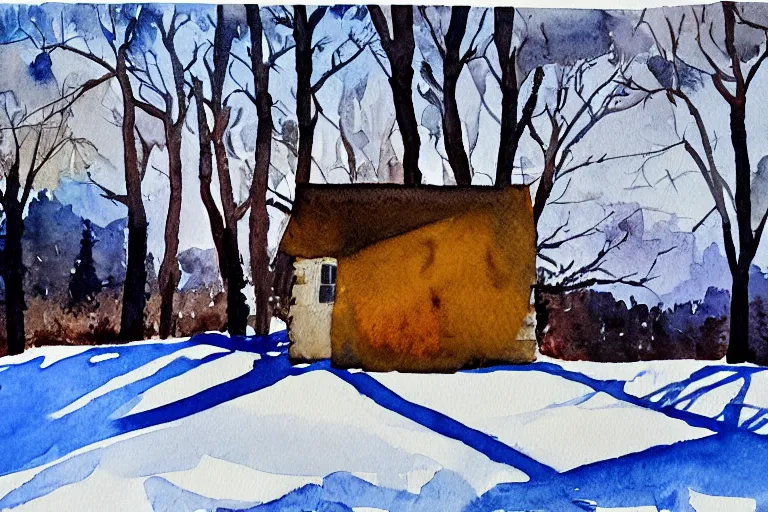 Prompt: watercolor painting of cabin by rocky hill, reflective, stone walls, winter, sunlight, morning, ambient lighting, art by hand dahl