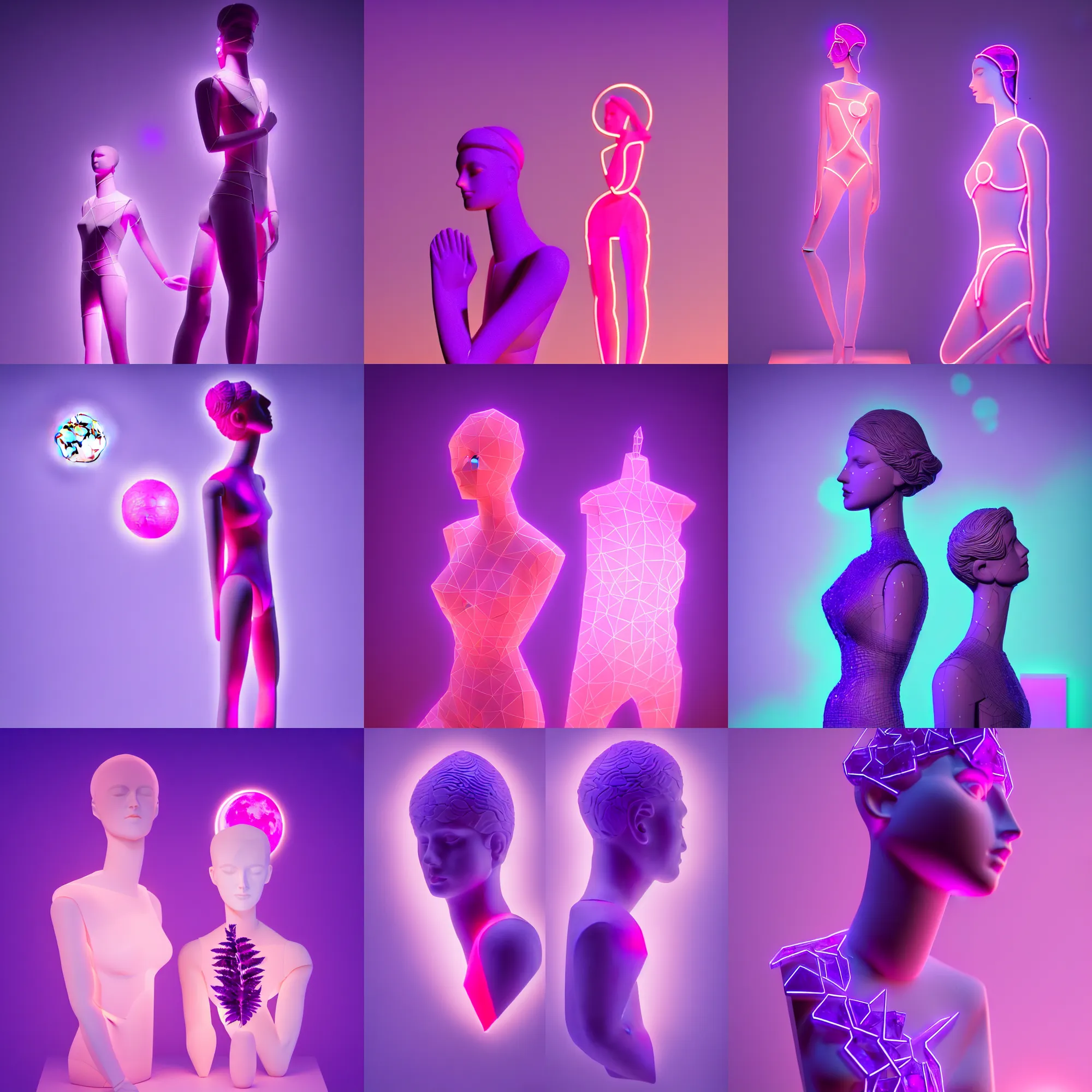 Image similar to beautiful mannequin sculpted out of amethyst by billelis + lit with 3 d geometric neon + doorway opening with neon pink geometric light + hosta flowers!!!, moon in background!!!!!!, rule of thirds, clean linework, dramatic, award winning, 4 k, trending on artstation, photorealistic, volumetric lighting, octane render