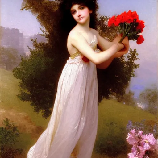 Prompt: An anthropomorphic fox girl with flowers in a dress, by Thomas Cole, William-Adolph Bouguereau, and John Singer Sargent, fox girl holding flowers