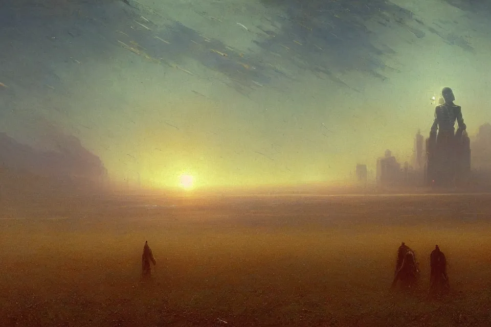 Image similar to sci-fi painting of a large alien city on the vast wheat fields, the closed back view of only one humanoid robot on the ground, by Ivan Aivazovsky, godrays, detailed