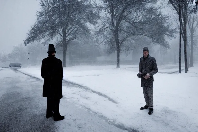 Prompt: Mysterious man standing in the middle of a snowy street photo by Gregory Crewdson,