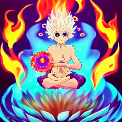 Image similar to fluffy popcorn elemental spirit anime character with a smiling face and flames for hair, sitting on a lotus flower, clean composition, symmetrical