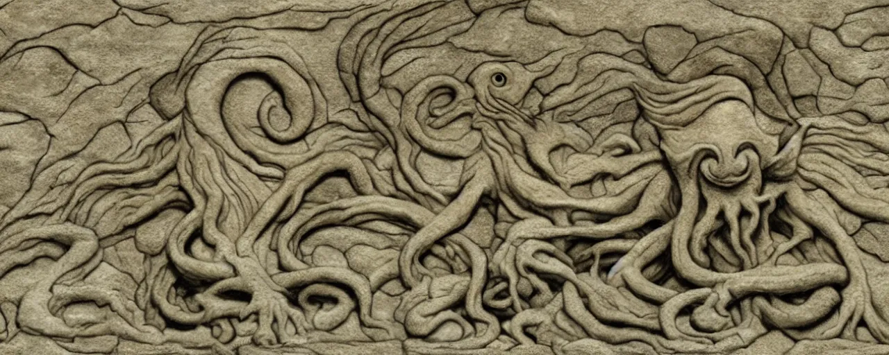 Image similar to limestone panel with Cthulhu, clean, texture, photorealistic, scenic