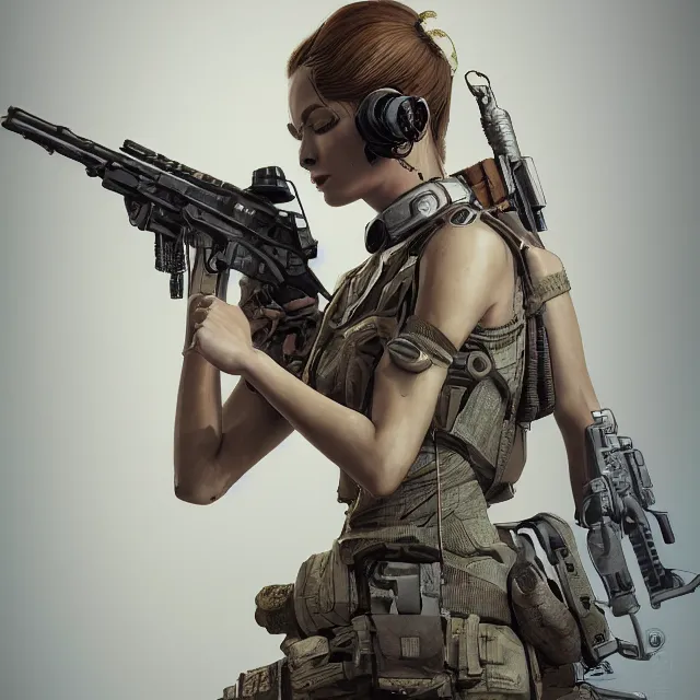 Image similar to the photorealistic portrait of lawful neutral female futuristic marine sniper as absurdly beautiful, gorgeous, elegant, young gravure idol, an ultrafine hyperdetailed illustration by kim jung gi, irakli nadar, intricate linework, bright colors, octopath traveler, final fantasy, unreal engine 5 highly rendered, global illumination, radiant light, detailed and intricate environment