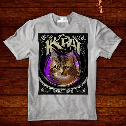 Image similar to art nouveau concert T-shirt design for heavy metal band “Kira” featuring tabby cat “Kira”, masterpiece, trending on artstation, cgstudio