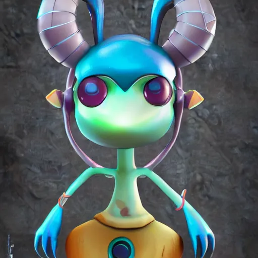 Prompt: 3d, chibi, video game character, cute, adorable, invader zim, James jean art style, figure, mewtwo style figure, smooth, octane render, dmt background, Pixar, big eyes, highly detailed