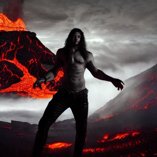 Prompt: Full body photo of asmodeus, he has eyes of fire, he is looking straight to the camera, he has a glow coming from him, she is getting illuminated by lava, behind is an ancient hellscape, the photo was taking by Annie Leibovitz, matte painting, oil painting, naturalism, 4k, 8k