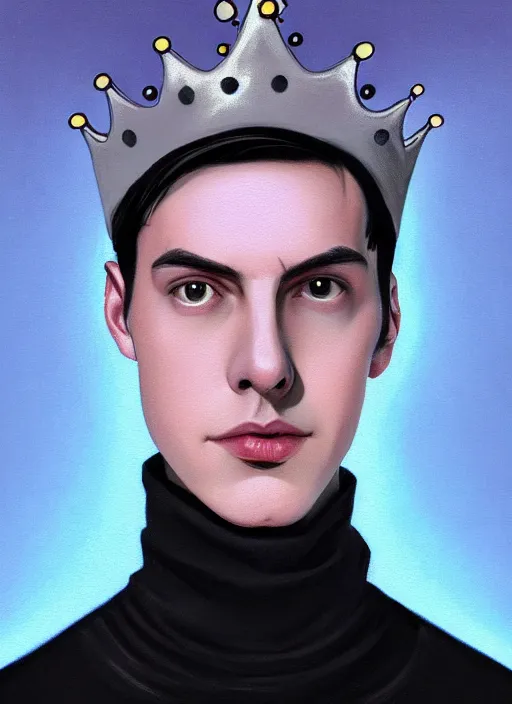 Image similar to portrait of teenage jughead jones wearing a light grey crown, crown, blue turtleneck, 1 9 5 0 s, closed eyes, photorealistic, black hair, glowing lighting, intricate, elegant, glowing lights, highly detailed, digital painting, artstation, concept art, smooth, sharp focus, illustration, art by wlop, mars ravelo and greg rutkowski