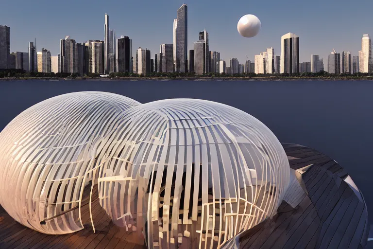 Image similar to a bubble building formed by the intersection and fusion of many white spherical spaces, on the calm lake surface, people's perspective modern curved architecture, future, wood, marble, metal award winning, highly detailed 4 k art, dusk, unreal engine highly rendered, global illumination, radial light, internal environment by kazuyo sejima