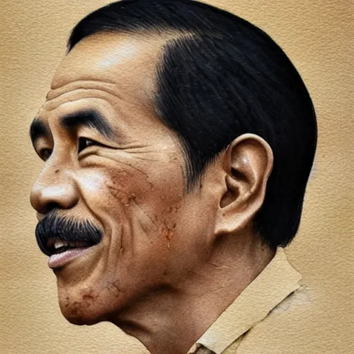 Image similar to Joko Widodo without moustache by Jean-Baptiste Monge, profile, post processing, painterly, book illustration watercolor granular splatter dripping paper texture. Trending on artstation, post processing, pen and ink work. sharp focus