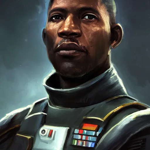 Prompt: portrait of a man by Greg Rutkowski, the grand admiral of the galactic alliance, a black man in his 20s, short hair, impeccable military composure, wearing the tactical gear of the galactic alliance, Star Wars Expanded Universe, highly detailed portrait, digital painting, artstation, concept art, smooth, sharp foccus ilustration, Artstation HQ