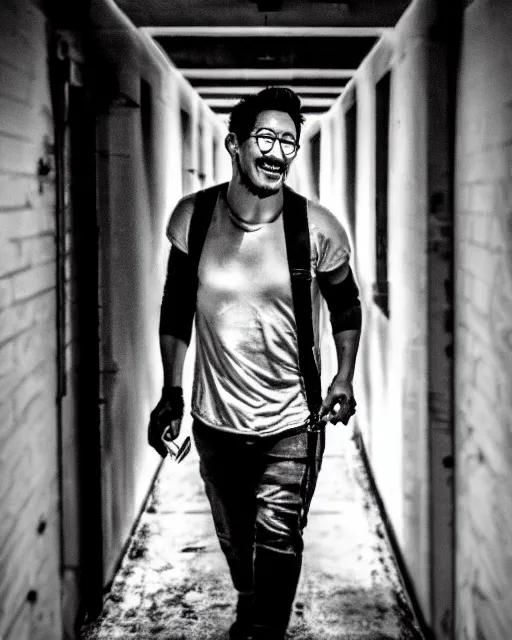 Image similar to markiplier holding a knife smiling in a dark hallway in a never ending warehouse | | epic - fine - clean, polished, trending on artstation, brush strokes