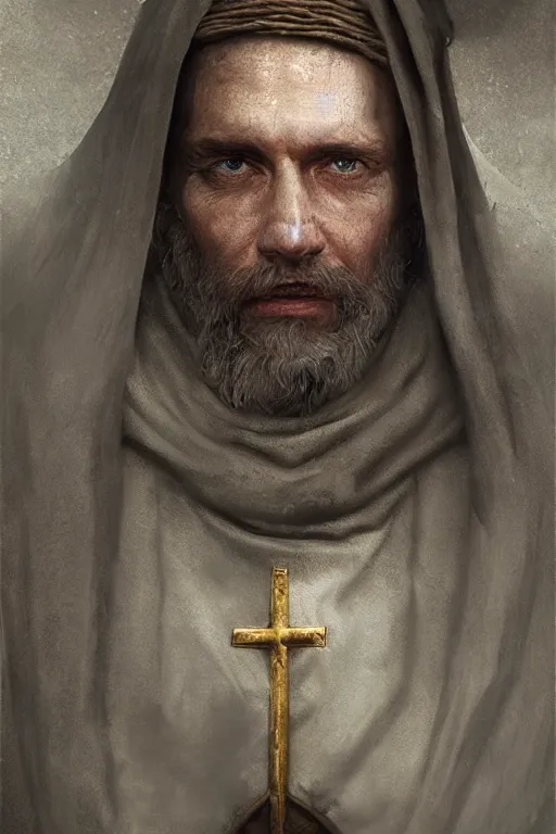 Image similar to medieval priest, close-up portrait, devoted, intricate, elegant, volumetric lighting, scenery, digital painting, highly detailed, artstation, sharp focus, illustration, concept art,ruan jia, steve mccurry