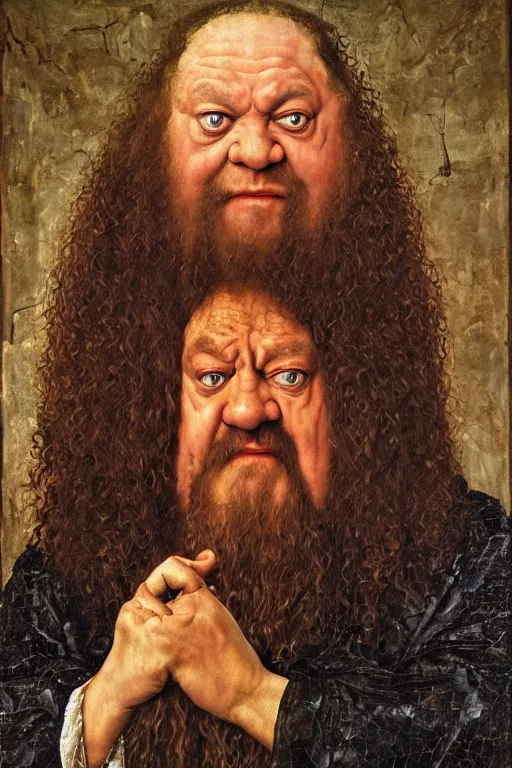 Prompt: portrait of hulking herculean bodybuilder hagrid, oil painting by jan van eyck, northern renaissance art, oil on canvas, wet - on - wet technique, realistic, expressive emotions, intricate textures, illusionistic detail