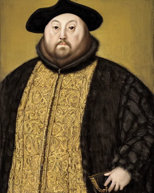 Image similar to fat gray cat with yellow eyes dressed like henry viii, tudor period menswear, hans holbein the younger, greg rutkowski, royal portrait, painting