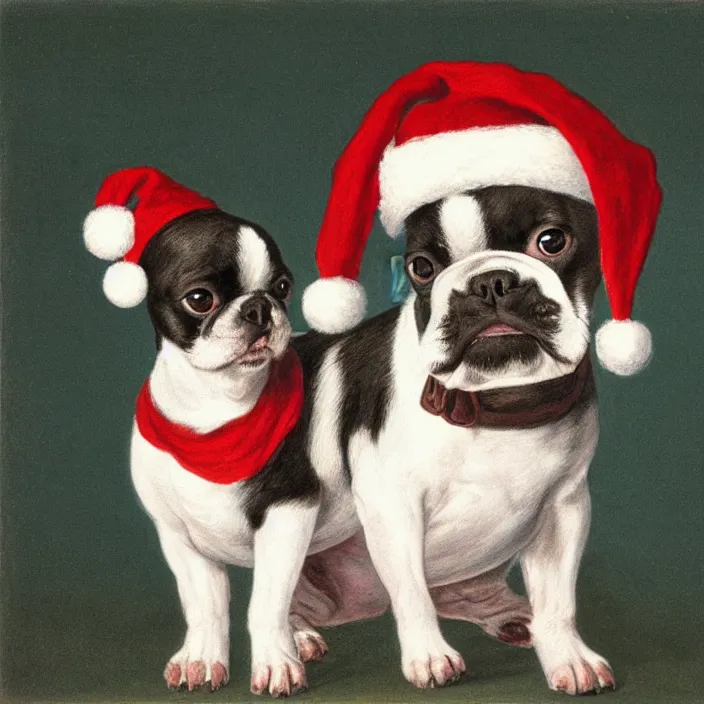 Prompt: cute boston terrier puppy wearing a christmas hat by george stubbs