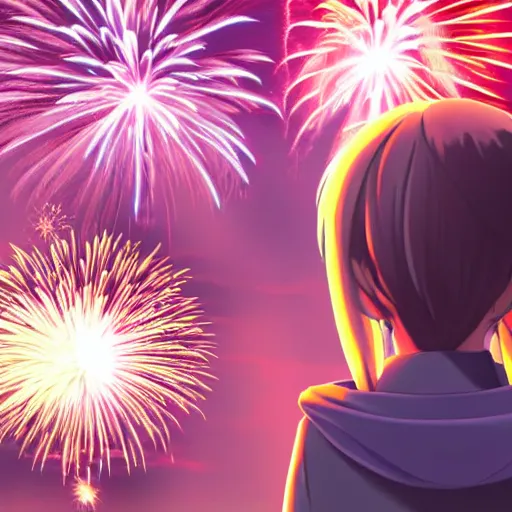 Prompt: Anime girl staring at fireworks, cinematic, Pixar