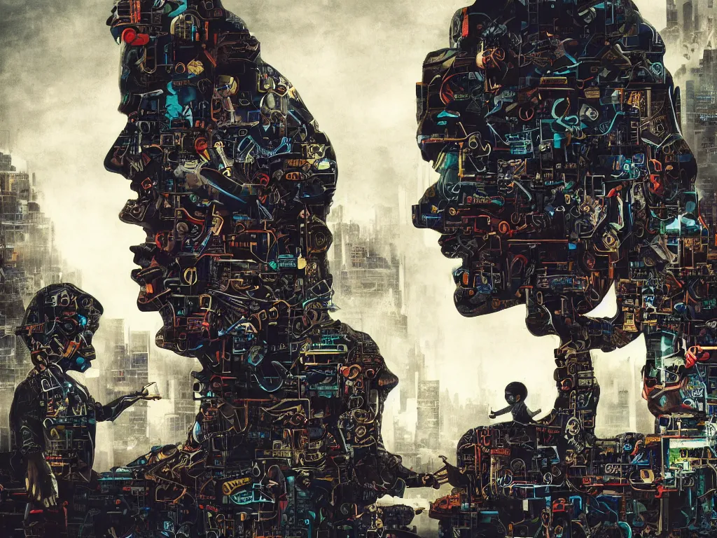 Prompt: children systematic thinking and critical thinking image, surreal, hyper realism, cyberpunk, dark color, futuristic, dystopian, immense details, high contrast