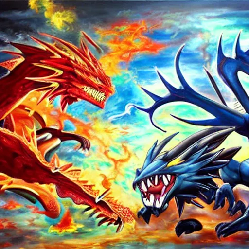 Prompt: pokemon fight a dragon. oil painting. large scale. highly detailed.