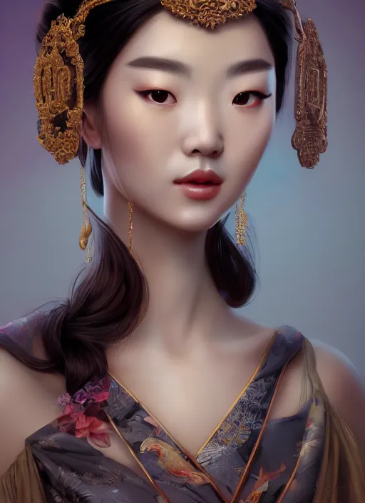 Image similar to beautiful fashion girl in tang dynasty, strapless dress, character portrait in the style of thomas river and artgerm, wlop, cinematic lighting, hyperdetailed, 8 k realistic, symmetrical, global illumination, radiant light, halo, love and mercy, frostbite 3 engine, cryengine, dof, trending on artstation, digital art, chanel