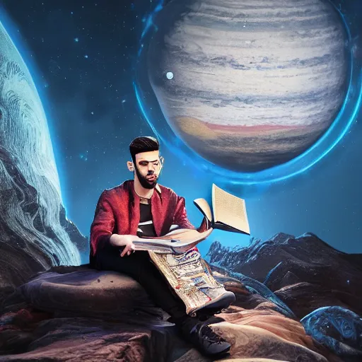Image similar to Zayn reading a book sitting on top of a planet + Cinematic Lighting + Deep Shadows + Hyper Realistic + Hyper Maximalist + Maximalist Composition + Intricate Details + Rendered in Octane + Trending on Artstation + Hall of Fame on Cgsociety + 8K portrait + 8k Post-Processing Highly Detailed + Rendered by Octane Engine + 8K Artstation 8k Detail Post Processing + Octane Render
