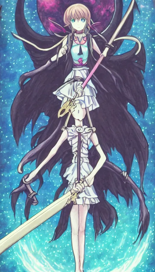 Prompt: a beautiful link drawing of the being death as a cute anime girl with a giant scythe from a studio ghibli film inspired by the death tarot card, dark vibes, pastel colors, cosmic,