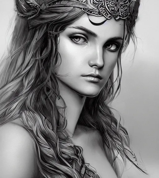 Image similar to beautiful young aphrodite goddess, archer, realistic face, beautiful eyes, black and white drawing, in the style of greg rutkowski, fantasy, amazing detail, epic, intricate, elegant, smooth, sharp focus