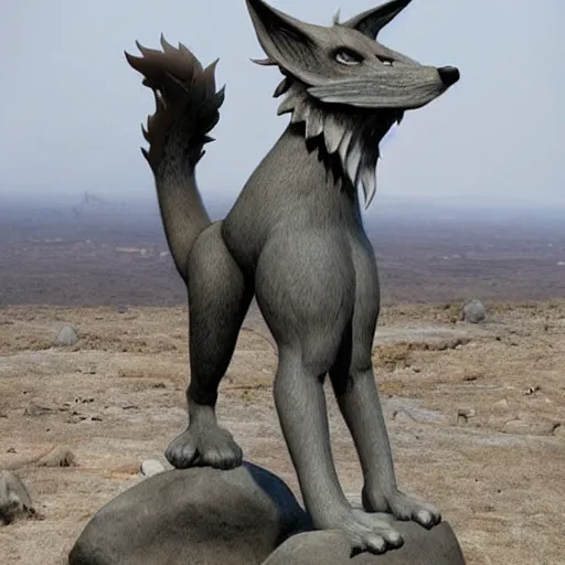 Prompt: male anthro anthropomorphic human like fox demon alien creature monument stands on the fallen moon empire,