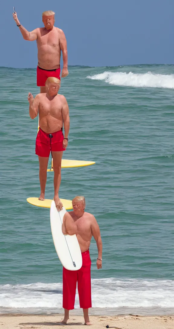 Prompt: Donald Trump holds a surfboard standing near the breakwater at a beach, Chunky old Trump wears tropical board shorts and sandals with a smug look, 4k, sharp focus, photo by professional