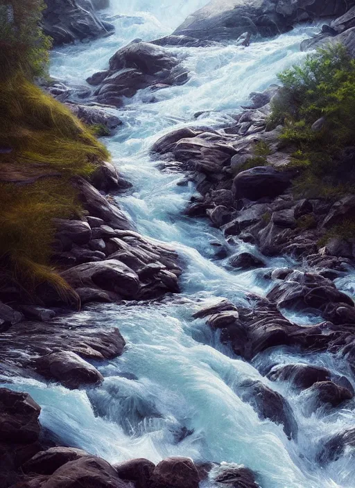 Prompt: a wide river with rapids and powerful currents, extremely detailed oil painting, unreal 5 render, digital art, landscape painting, octane render, beautiful composition, trending on artstation, award winning photograph, masterpiece