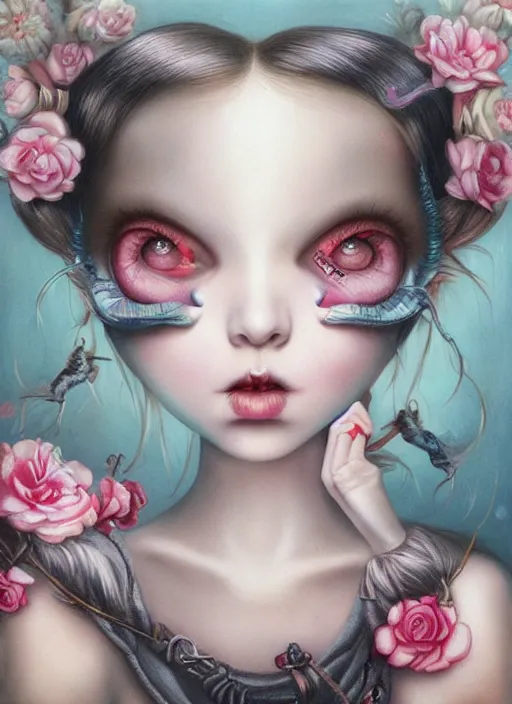 Image similar to pop surrealism, lowbrow art, realistic cute alice girl painting, japanese street fashion, hyper realism, muted colours, rococo, natalie shau, lori earley, tom bagshaw, mark ryden, trevor brown style,