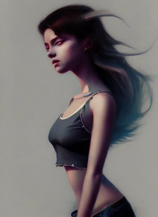 Prompt: ultradetailed beautiful painting of a stylish young lady wearing a crop top, dramatic, she has dreamly hair, distressed, volumetric light, full body portrait by greg rutkowski, ilya kuvshinov, james jean, makoto shinkai, on artstation