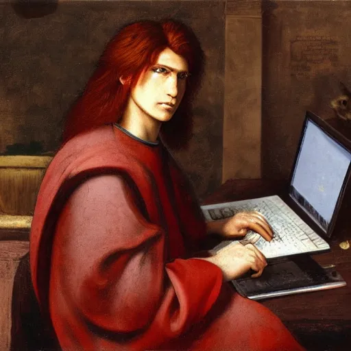 Image similar to a red-haired long-haired teenage boy sitting at a computer, lions around him, painting by Donatello