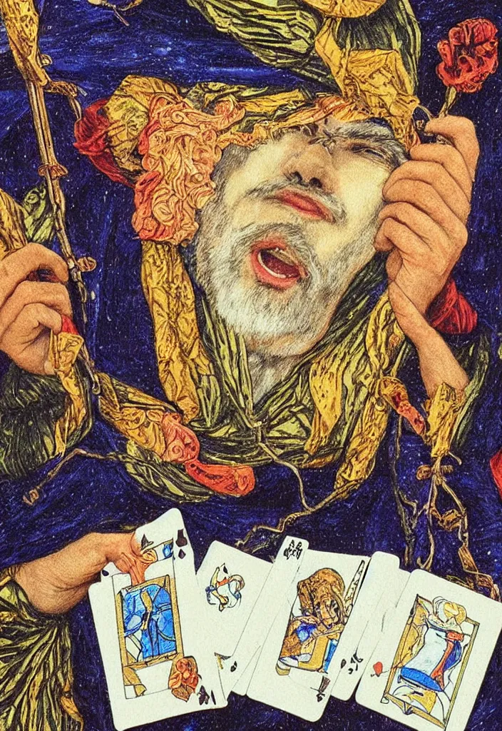 Image similar to Yoshua Bengio smiling on the Tarot card. Illustration by preraphaelists.