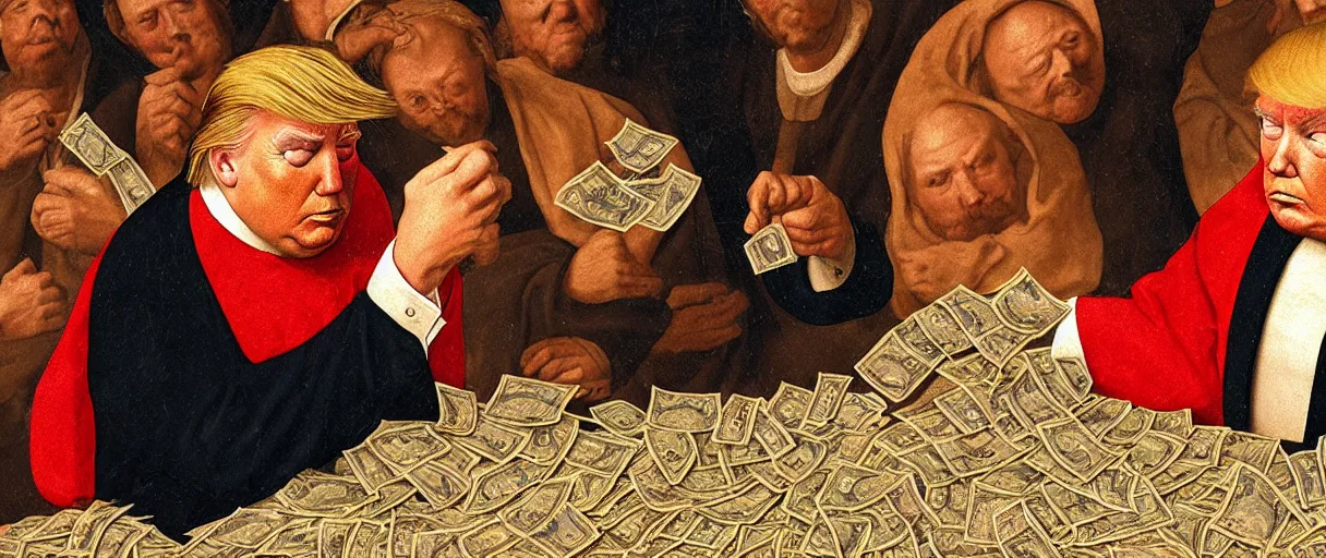 Image similar to donald trump counting money, a medieval painting, ultra - detailed, 8 k