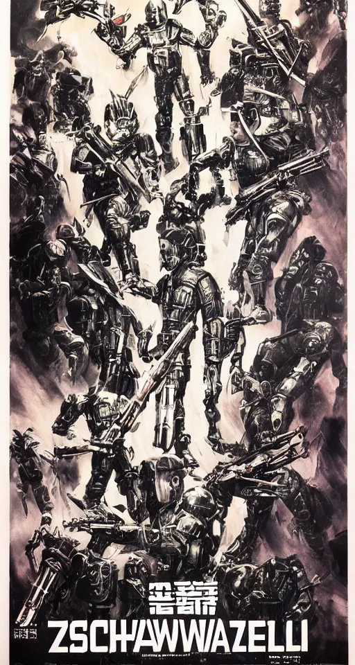 Image similar to Movie Poster for Schwartzlicht,about Chinese Russian Zombie Troopers Designed By Yasushi Nirasawa battle Japanese America Cyborgs Designed by Syd Mead and Giger, 1970s style, very detailed, text says: Schwarzlicht