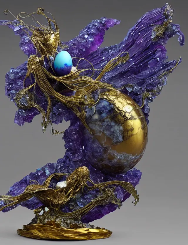 Image similar to a sculpture of a winged child made from blue and emerald and amethyst crystal geode formations with a marble egg with obsidian base with liquid gold tendrils flowing by ellen jewett by stanisław szukalski, octane render, byzantine, spirals, elestial crystals, geode,