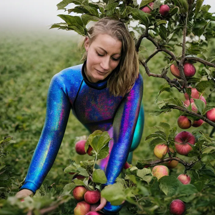 Image similar to a closeup portrait of a woman wearing a muddy iridescent holographic wetsuit, picking apples from a tree in an orchard, foggy, moody, photograph, by vincent desiderio, canon eos c 3 0 0, ƒ 1. 8, 3 5 mm, 8 k, medium - format print