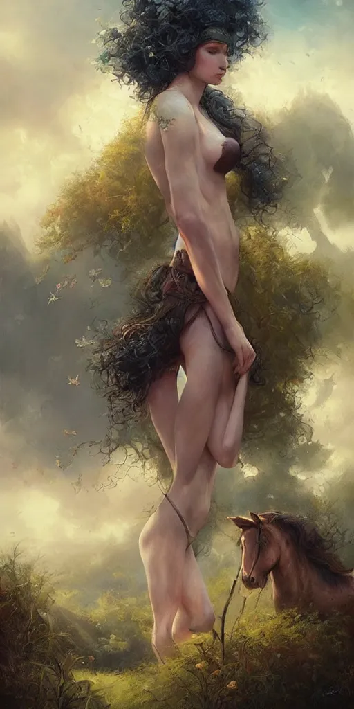 Prompt: a beautiful lush landscape of a the most beautiful woman and her draughthorse, hyperrealistic, award-winning, masterpiece, in the style of Tom Bagshaw, Cedric Peyravernay, Peter Mohrbacher