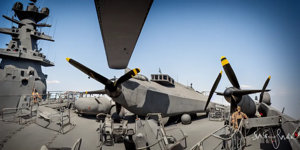 Image similar to warplane stand still on war ship, a dog cartoon symbol on its tail, sun on the background, high quality, award winning photography, photo professional, photography, 2 4 mm lens, f 2. 0, high quality, sharpen, detailed, 8 k, hd, uhd, color grading