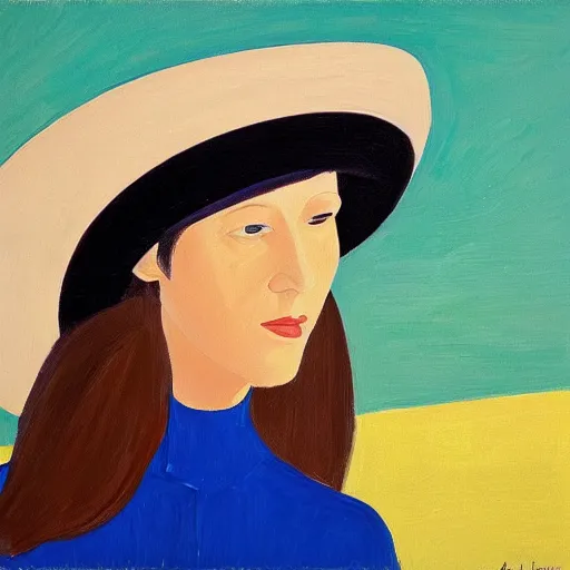 Image similar to woman with hat, by Alex Katz, colorful, friendly, oil on canvas