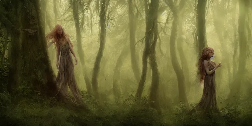 Image similar to a wood spirit in the trees with misty will o the wisp, photorealistic, by wlop, 4 k resolution h 7 6 8