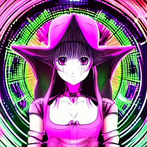 Image similar to cyberwitch super buxom anime girl wearing neon mesh witch hat. cyber sphere symmetrical face. symmetrical detailed defined eyes. beautiful lineart. stereoscopic image of alan turing discovering lsd, stop motion vinyl action figure, plastic, toy, gilbert and george style