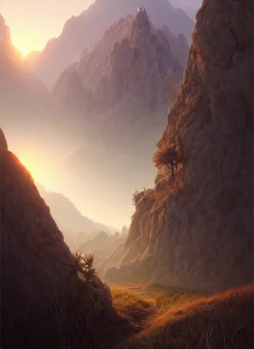 Image similar to spring mornings in the low - poly hills, diffuse lighting, fantasy, intricate, surrealism!!!!, highly detailed, lifelike, photorealistic, digital painting, artstation, illustration, concept art, smooth, sharp focus, by greg rutkowski, chris tulloch mccabe, valentina remenar and asher duran,