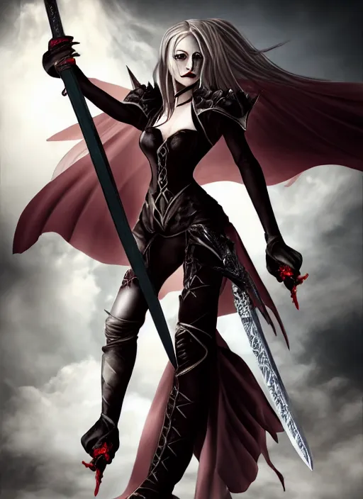 Image similar to full - body, female vampire holding a two - handed greatsword with both hands, lean and muscular, flying, barefoot, kickboxing foot wraps, exposed toes, black heavy armor, historical armor, metal mask, enchanting, elegant, smiling, ghostblade, wlop, modern fantasy, realistic proportions.