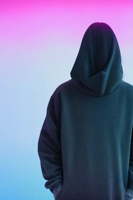 Prompt: high quality pastel coloured film photograph of a man wearing a black hoodie resting on cloud furniture clouds in a haze filled dreamstate world. three point light, rainbow. photographic production. art directed. pastel colours. volumetric clouds. pastel gradient overlay. waves glitch artefacts. 8 k. filmic.